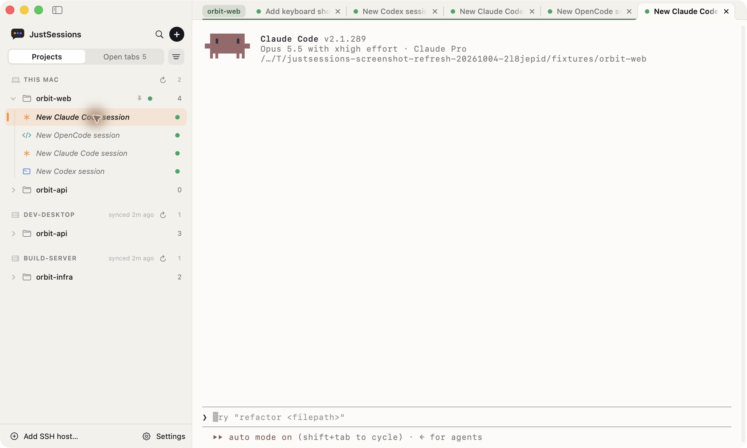 Four agent sessions grouped under orbit-web in JustSessions: two Claude Code sessions, Codex, and OpenCode.