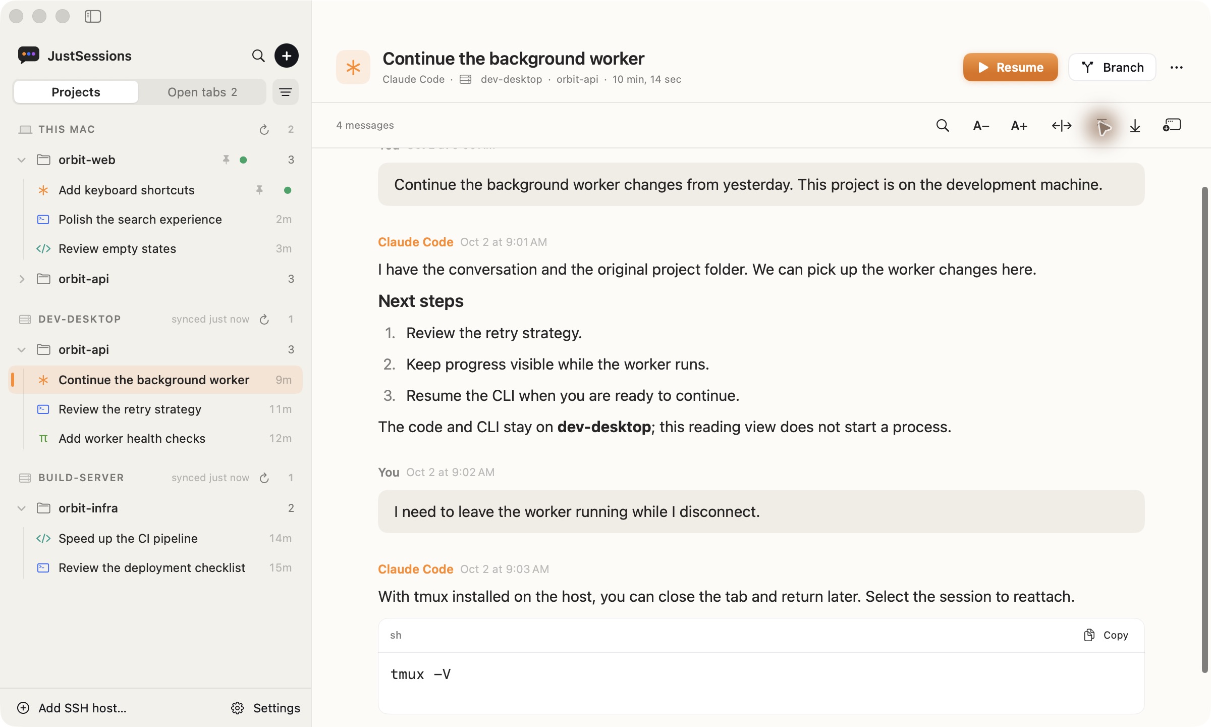 The dev-desktop host and its sessions beside a remote conversation in JustSessions.