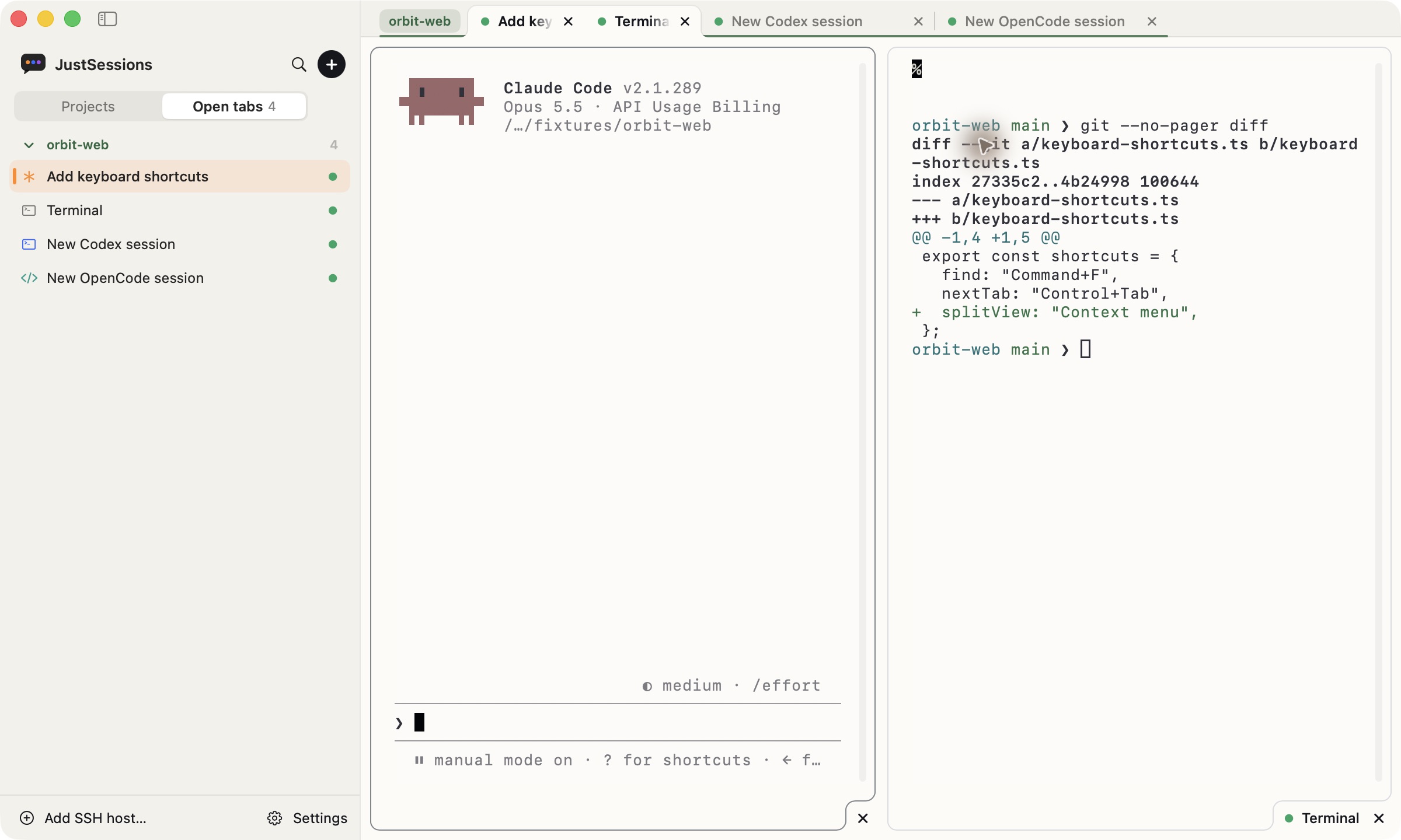 The Open tabs sidebar lists Claude Code, a shell, Codex, and OpenCode. Claude Code and the shell share a split view.