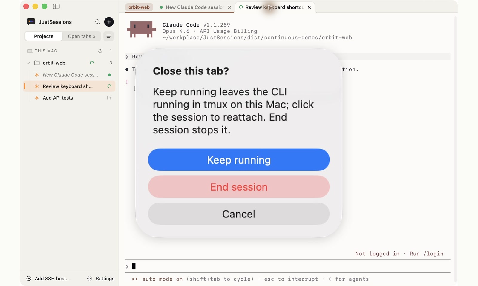 Keep running in the close-tab dialog over a Claude Code terminal running a local file-indexing task.